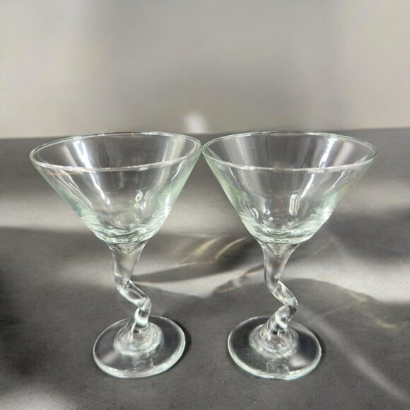 Martini Glasses Squiggle Cocktail Bent Stem Crooked Cocktail Set 2 Clear Glasses - Picture 1 of 14